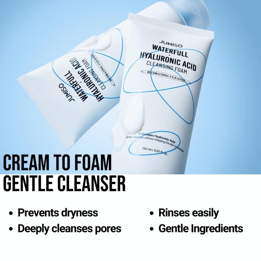 Dwie tubki Jumiso Waterfull Hyaluronic Acid Cleansing Foam na jasnoniebieskim tle. Obraz podkreśla kremowo-pieniący środek myjący, który delikatnie oczyszcza pory, przeciwdziała suchości i jest łatwy do spłukania.