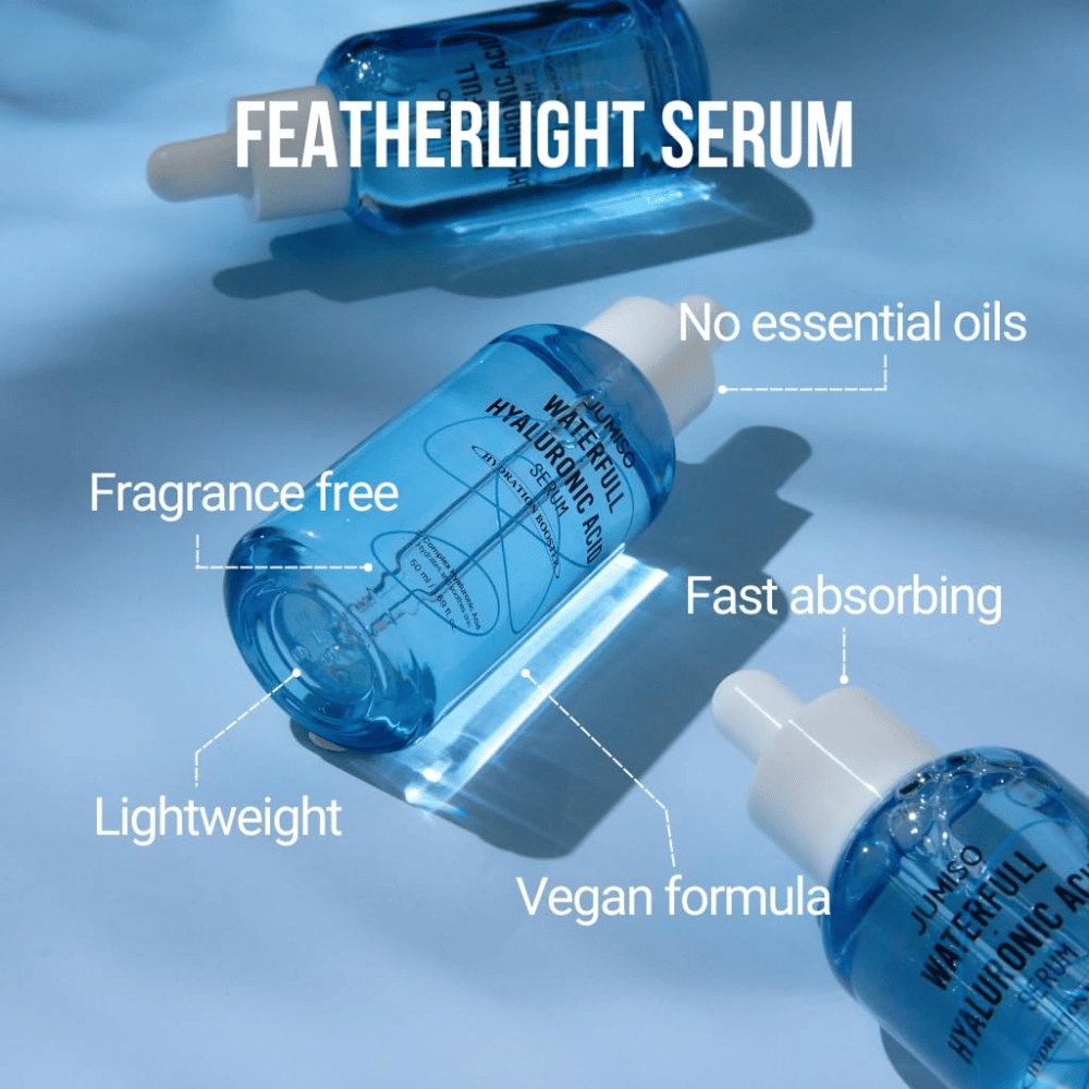 Jumiso Waterfull Hyaluronic Acid Serum – lekkie serum z kwasem hialuronowym bez perfum i olejków eterycznych, szybko wchłaniające się i wegańskie serum nawilżające dla wszystkich typów skóry
