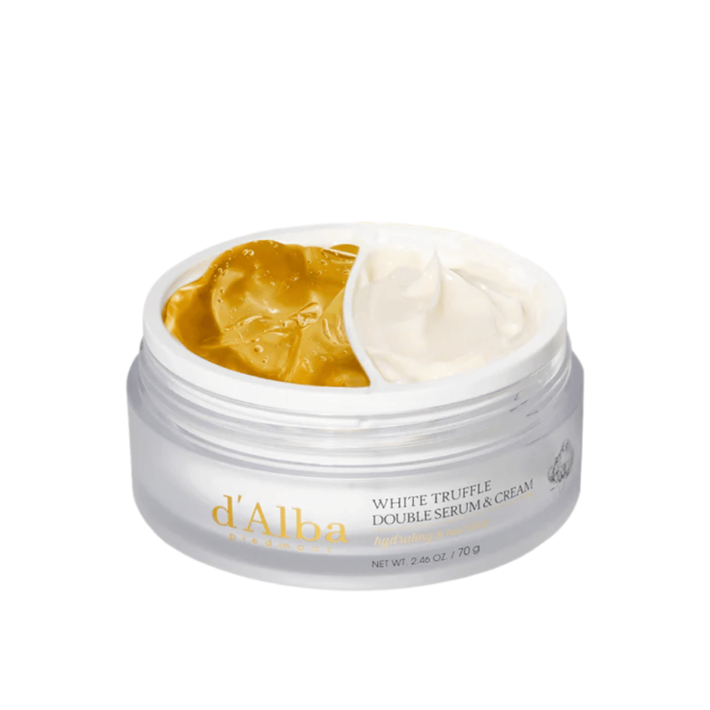 d'Alba White Truffle Double Serum & Cream łączy serum i krem w praktycznym dwuczęściowym słoiku. Ten produkt zapewnia intensywne nawilżenie i odżywienie dzięki ekstraktowi z białej trufli, co daje skórze promienny i jędrniejszy wygląd.