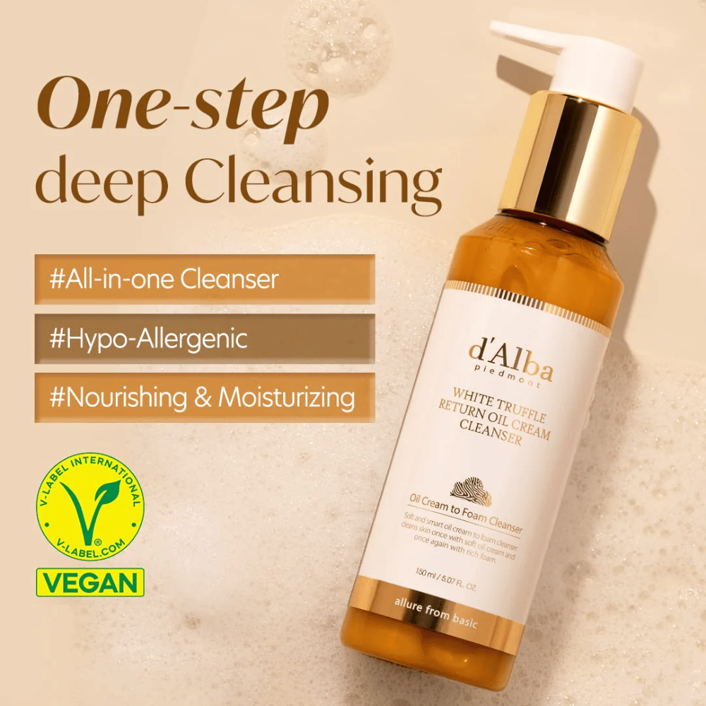 d'Alba White Truffle Return Oil Cream Cleanser to wegański, hipoalergiczny krem do mycia z głębokim oczyszczaniem w jednym kroku. Ten produkt all-in-one jest odżywczy i nawilżający, zamienia się z oleju w piankę, aby skutecznie oczyścić skórę i pozostawić ją miękką i świeżą.