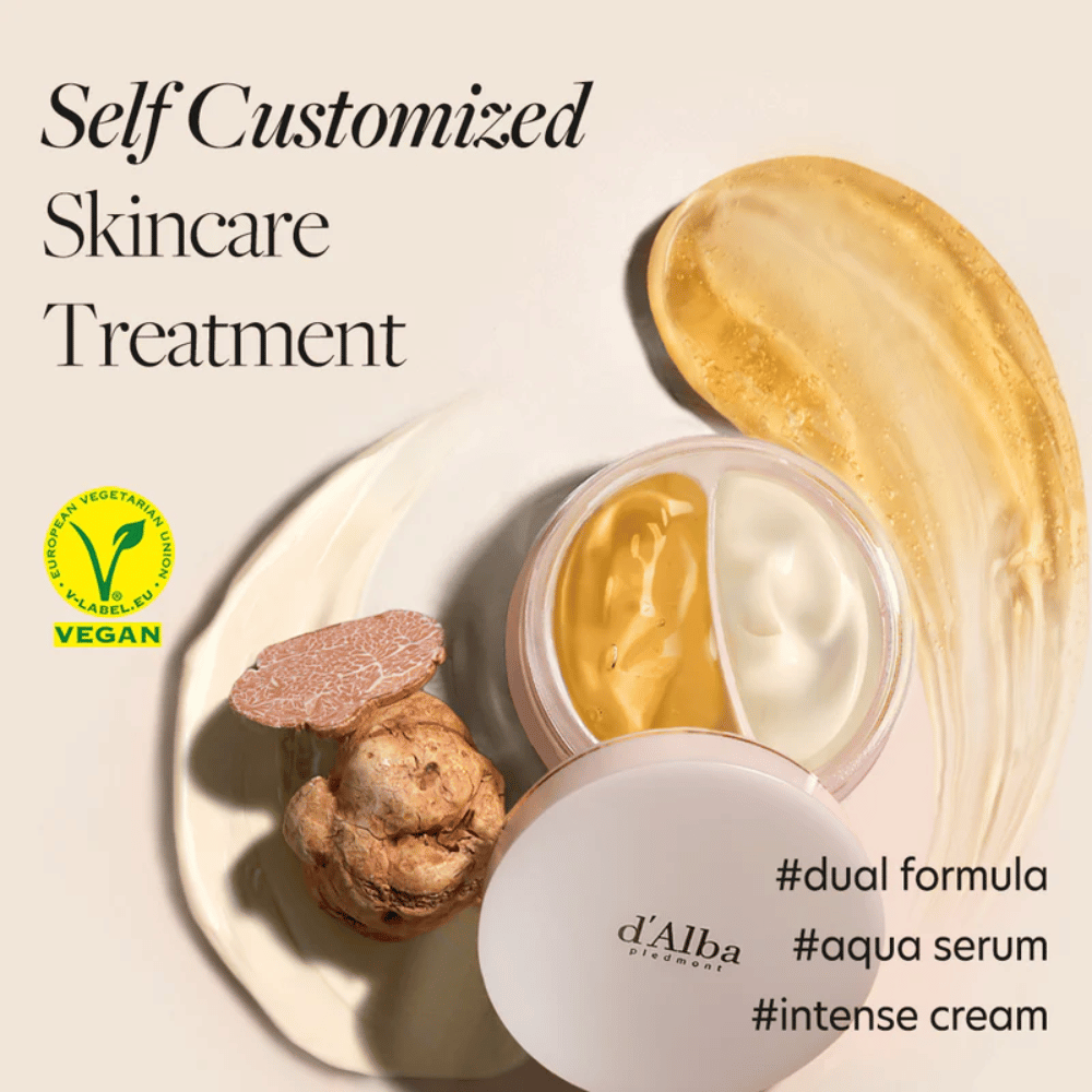 d'Alba White Truffle Double Serum & Cream to wegański produkt do pielęgnacji skóry, który oferuje spersonalizowane doświadczenie pielęgnacyjne. Posiada podwójną formułę z aqua serum i intensywnym kremem, idealną do nawilżania i wzmacniania skóry.