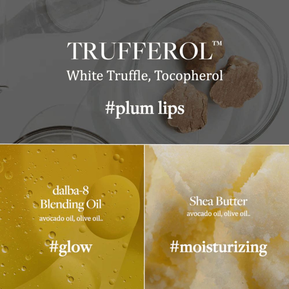 Zdjęcie składników z Białą Truflą, Tokoferolem, Olejem Mieszającym i Masłem Shea dla d'Alba Nourishing Serum Lip Balm, oznaczone hashtagami #plum lips, #glow i #moisturizing.