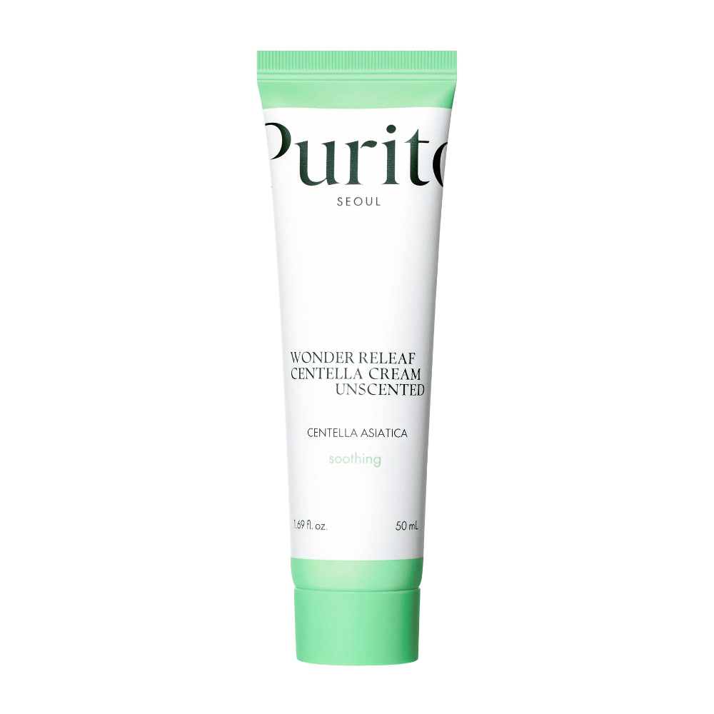 Purito Wonder Releaf Centella Cream Unscented to nawilżający i kojący krem do twarzy z ekstraktem z Centella Asiatica. Bezzapachowa formuła wzmacnia barierę skórną i łagodzi podrażnienia, co czyni ją idealną dla skóry wrażliwej.