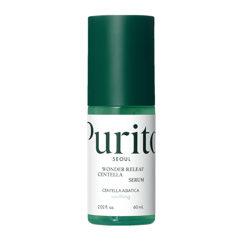 Purito Wonder Releaf Centella Serum w zielonej i białej butelce o pojemności 60 ml, umieszczonej na białym tle.