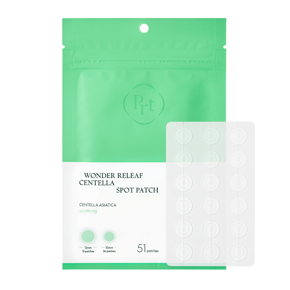Zdjęcie produktu Purito Wonder Releaf Centella Spot Patch z opakowaniem i 51 przezroczystymi plastrami na trądzik w dwóch rozmiarach do skutecznego leczenia punktowego.