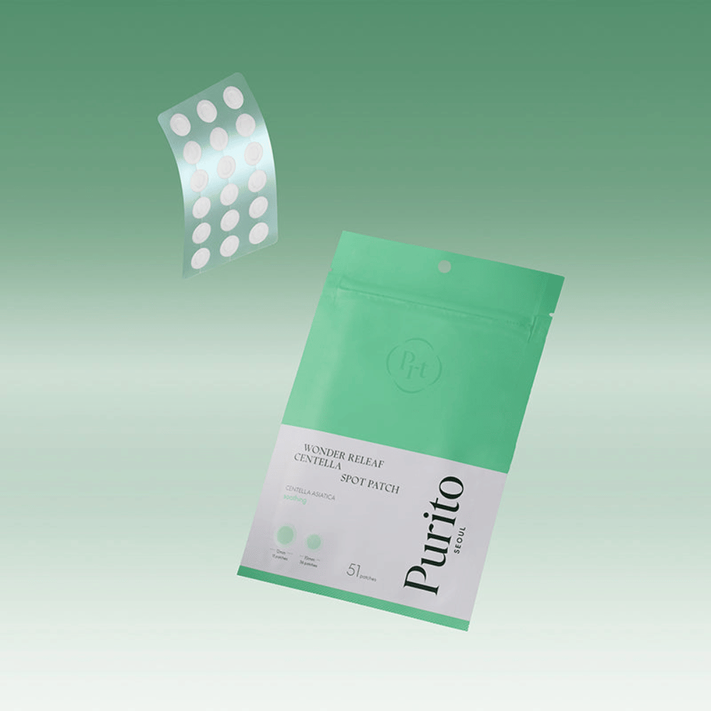Purito Wonder Releaf Centella Spot Patch z opakowaniem i przezroczystymi plastrami na trądzik, łagodzące leczenie punktowe z centella asiatica dla pryszczy i podrażnionej skóry.