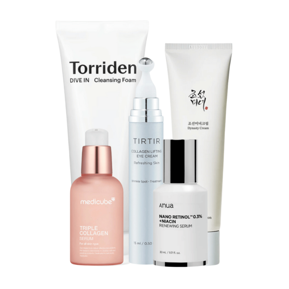 Ten zestaw, "Youthful Radiance Anti-Aging Kit", zawiera szereg produktów do pielęgnacji skóry, aby ożywić i pielęgnować dojrzałą skórę. Zestaw zawiera Torriden Dive In Cleansing Foam, Tirtir Collagen Lifting Eye Cream, Medicube Triple Collagen Serum i Anua Nano Retinol 0.3% + Niacin Renewing Serum wraz z Beauty of Joseon Dynasty Cream.
