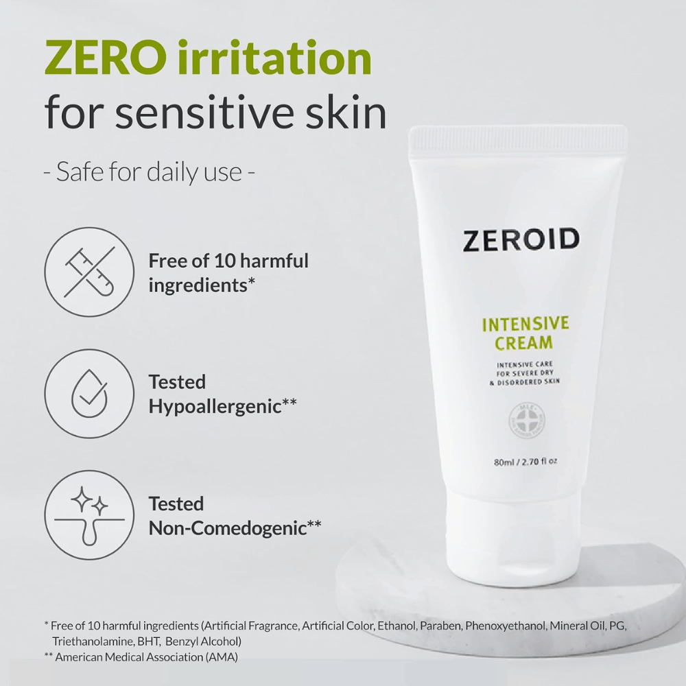 ZEROID Intensive Cream została opracowana z myślą o skórze wrażliwej i nie zawiera dziesięciu powszechnie występujących składników, które mogą powodować podrażnienia. Krem został przetestowany hipoalergicznie, jest niekomedogenny i nadaje się do codziennego stosowania.