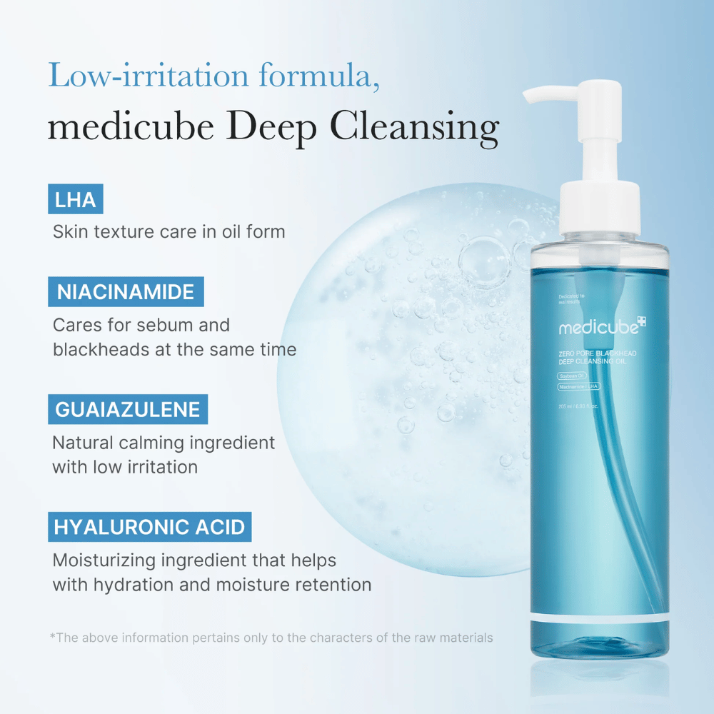 Medicube Zero Pore Blackhead Deep Cleansing Oil z składnikami LHA, Niacynamid, Guaiazulene i Kwas hialuronowy przedstawionymi jako kluczowe funkcje dla delikatnego i skutecznego oczyszczania.