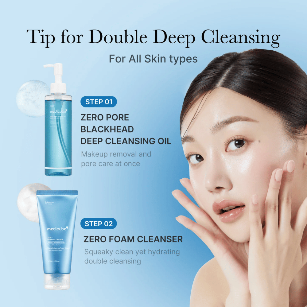 Reklamowe zdjęcie Medicube podwójnego oczyszczania z Zero Pore Blackhead Deep Cleansing Oil i Zero Foam Cleanser, razem z kobietą pokazującą swoją czystą i nawilżoną skórę.