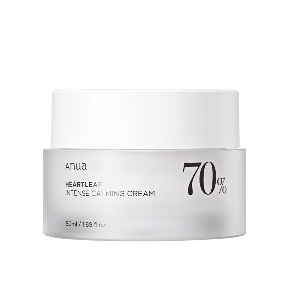 Biały słoik z "Anua Heartleaf Intense Calming Cream" z oznaczeniem "70%", oznaczony objętością "50ml/1.69 fl.oz."