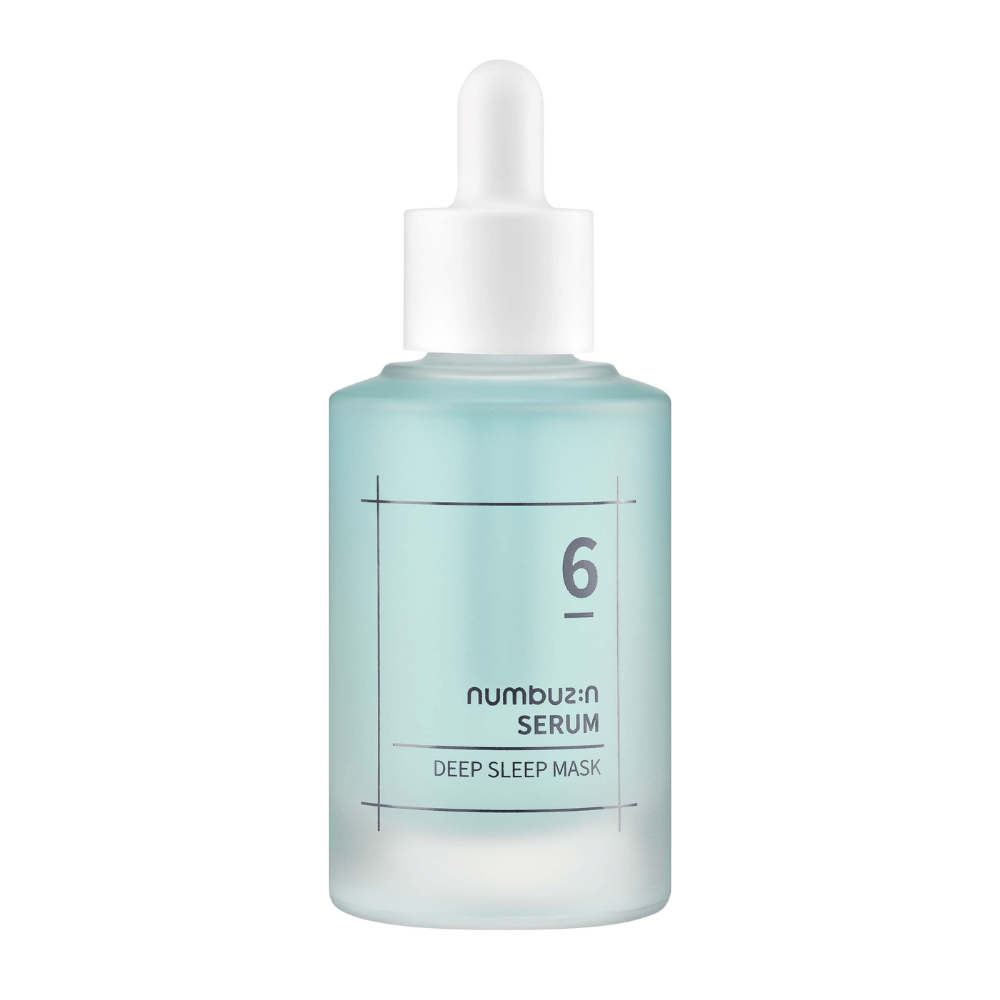 numbuzin No. 6 Deep Sleep Mask Serum w niebieskiej mrożonej butelce z pipetą, zaprojektowanej do głębokiej pielęgnacji skóry nawilżającej.