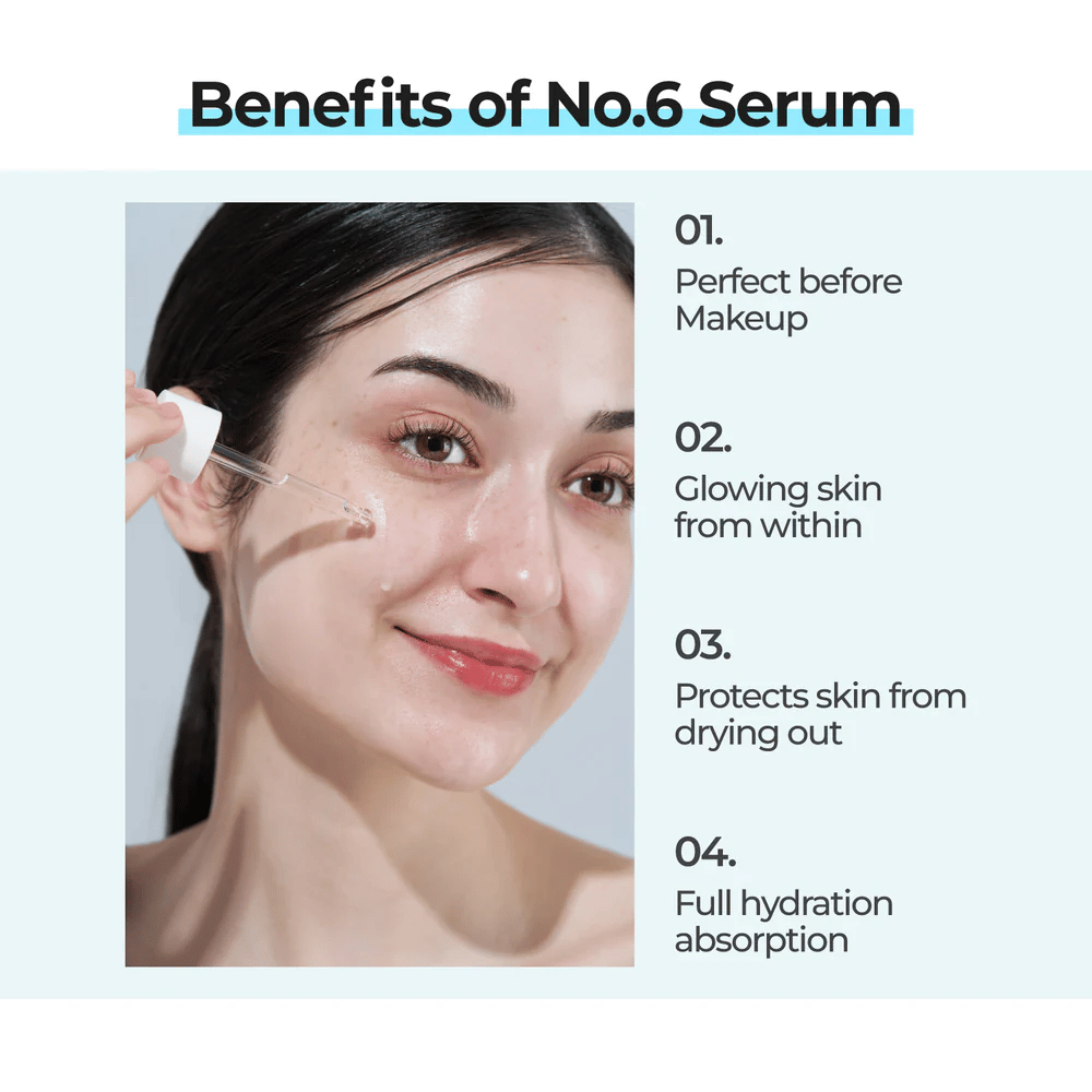 Kobieta aplikuje numbuzin No. 6 Deep Sleep Mask Serum z pipetą, które nadaje blask, chroni przed suchością i jest w pełni wchłaniane przez skórę.