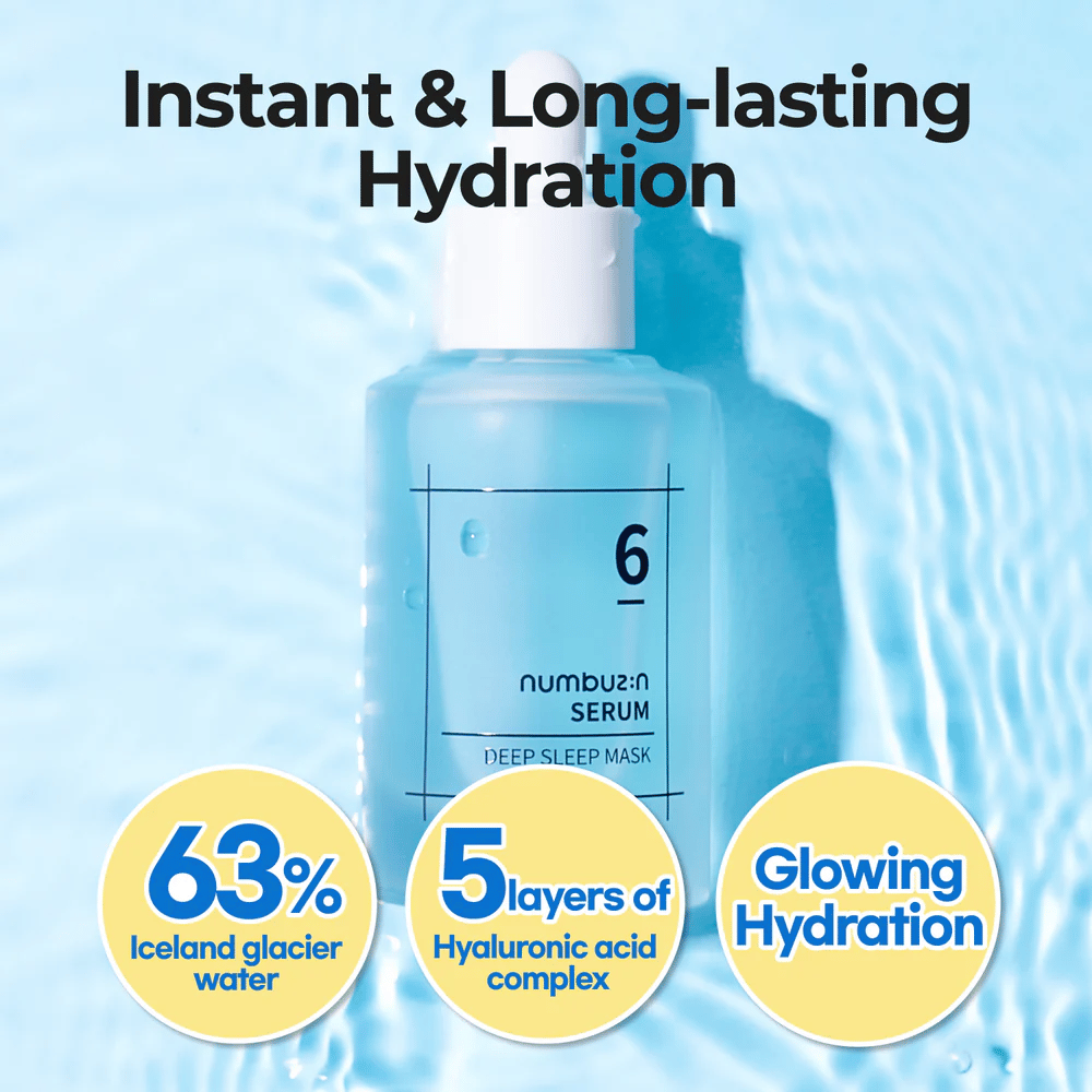 numbuzin No. 6 Deep Sleep Mask Serum z 63% wody lodowcowej i 5 warstw kwasu hialuronowego, dla intensywnego i długotrwałego nawilżenia.