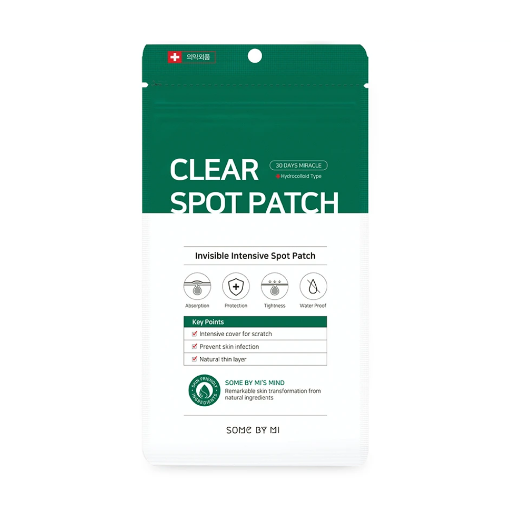 Biały Some By Mi 30 Days Miracle Clear Spot Patch (18 szt.) na białym tle do trądziku z możliwością absorpcji płynu z rany.
