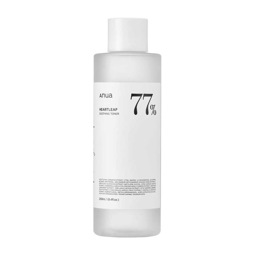 Butelka Heartleaf 77% Soothing Toner z etykietą Anua, sformułowana z kojącym tonikiem do twarzy dla wrażliwej skóry.