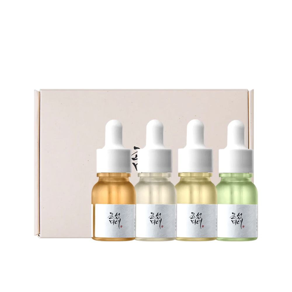 Pudełko z trzema butelkami Hanbang Serum Discovery Kit 4 sztuki od Beauty of Joseon, z których każda promuje młodzieńczy blask i redukuje zmarszczki.