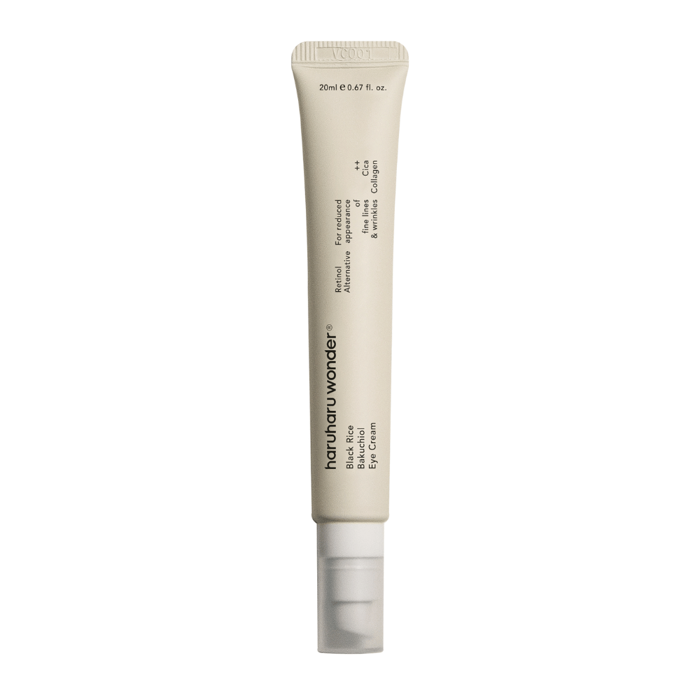 Tubka Haruharu Wonder Black Rice Bakuchiol Eye Cream 20ml na białym tle, aby zmniejszyć widoczność drobnych linii i zmarszczek.
