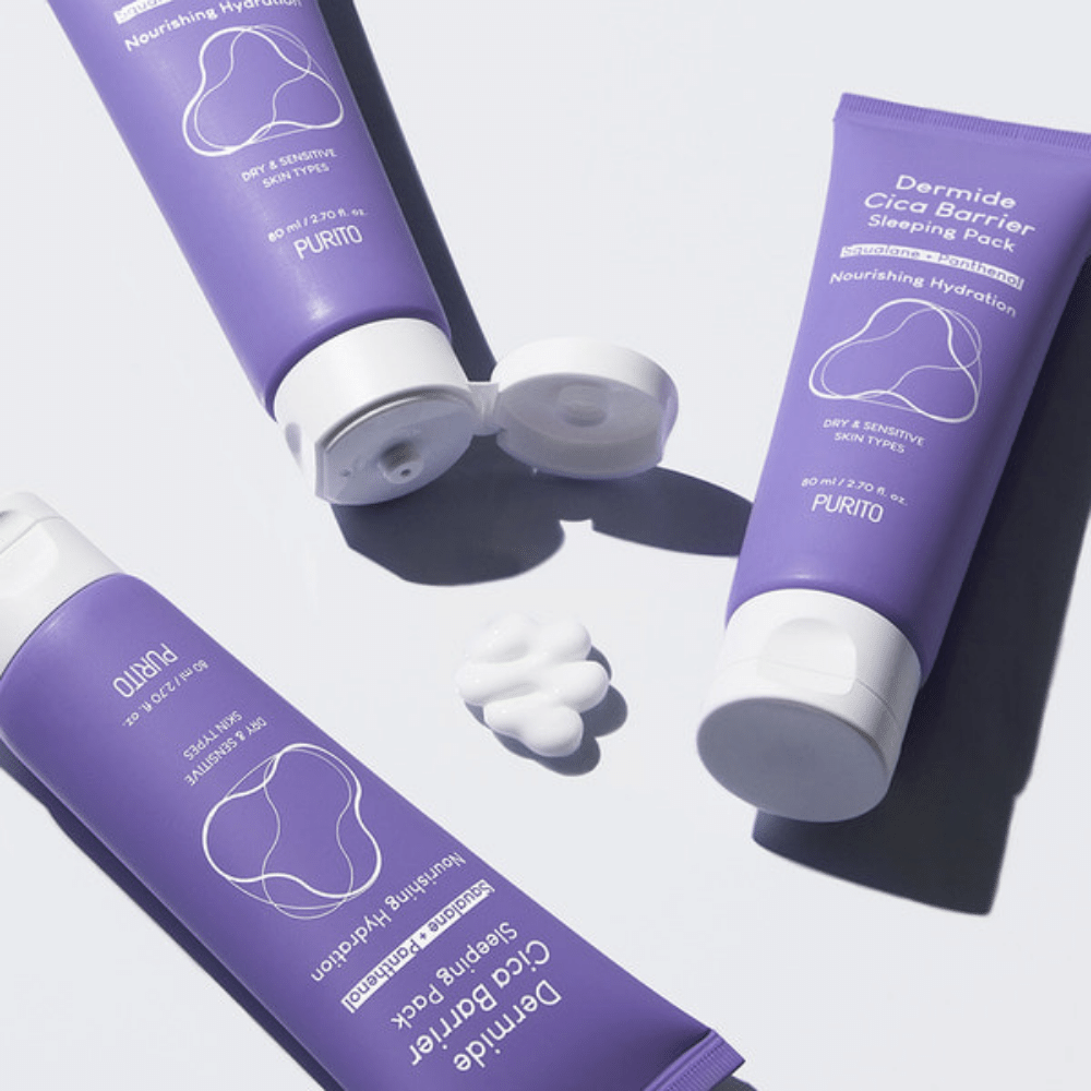 Dwie tubki PURITO Dermide Cica Barrier Sleeping Pack 80ml na białej powierzchni.