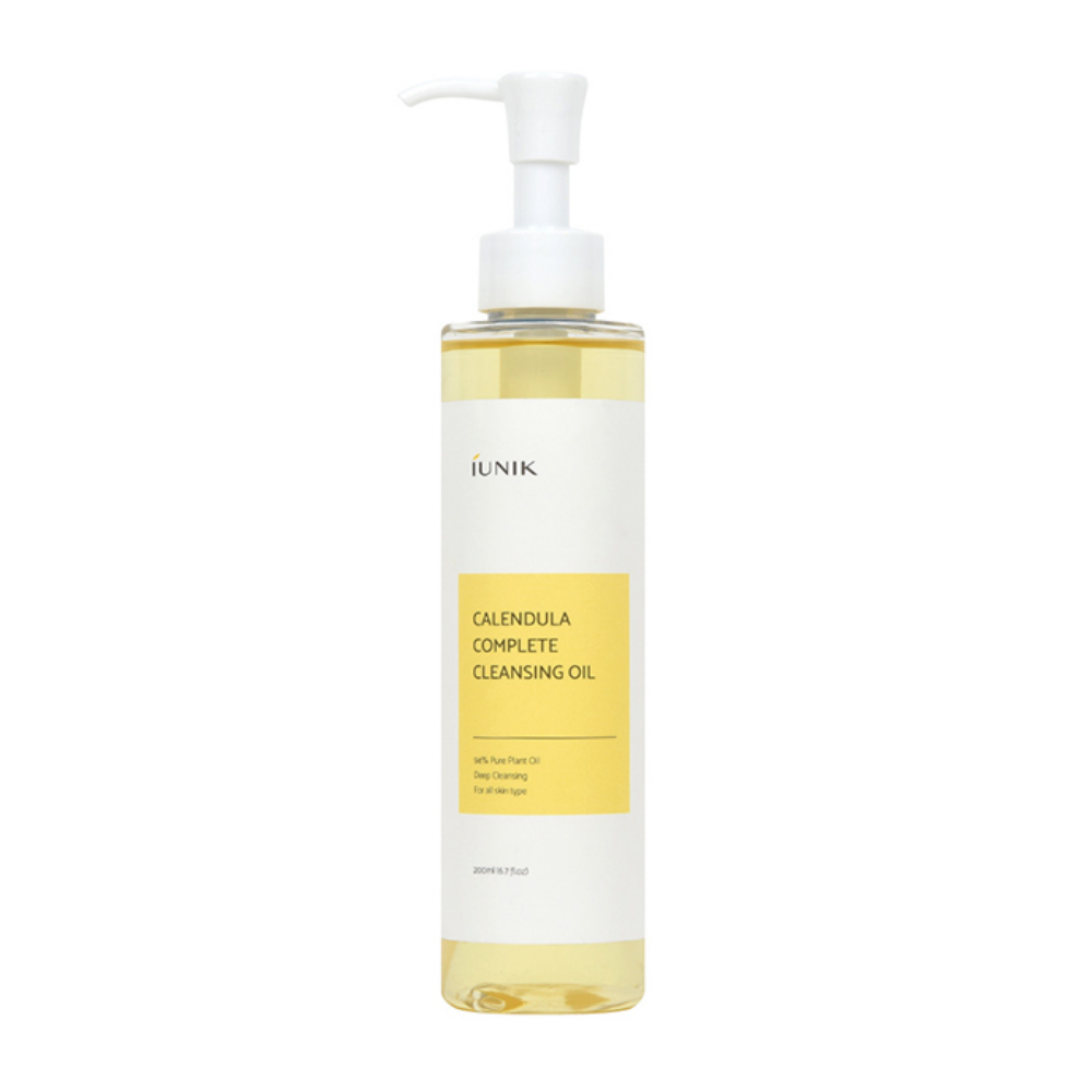 Butelka iUNIK Calendula Complete Cleansing Oil 200ml do usuwania resztek makijażu z żółtą etykietą na białym tle.