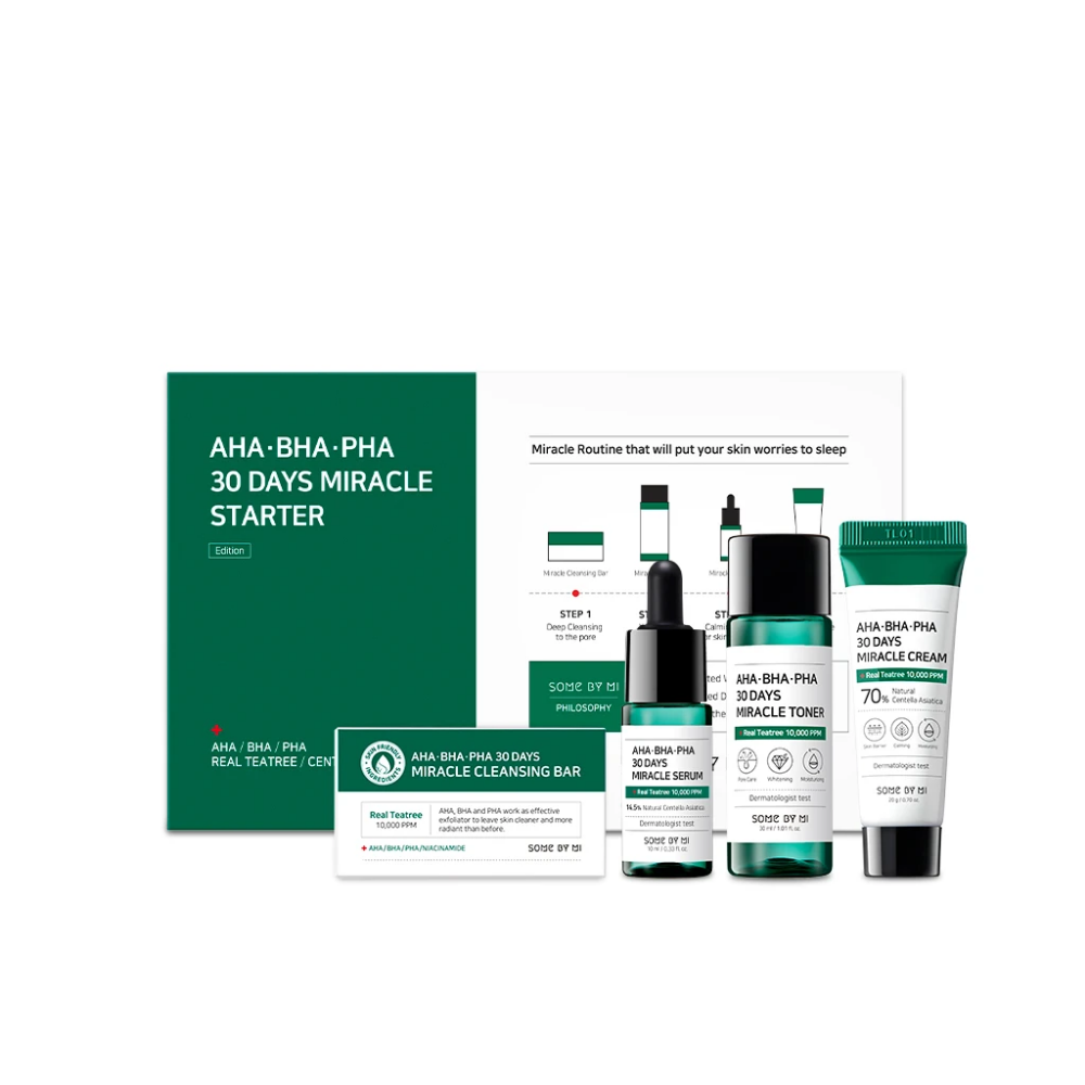 Zestaw SOME BY MI AHA, BHA, PHA 30 Days Miracle Starter Limited Set z zielonym pudełkiem.
