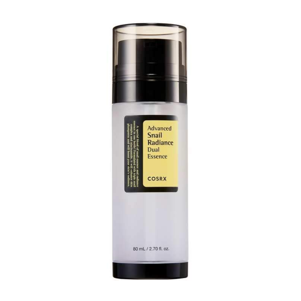 COSRX Advanced Snail Radiance Dual Essence 80ml pomaga zmniejszyć trądzik i wspiera czystą cerę dzięki swojemu potrójnemu kompleksowi ślimakowemu i niacynamidowi.