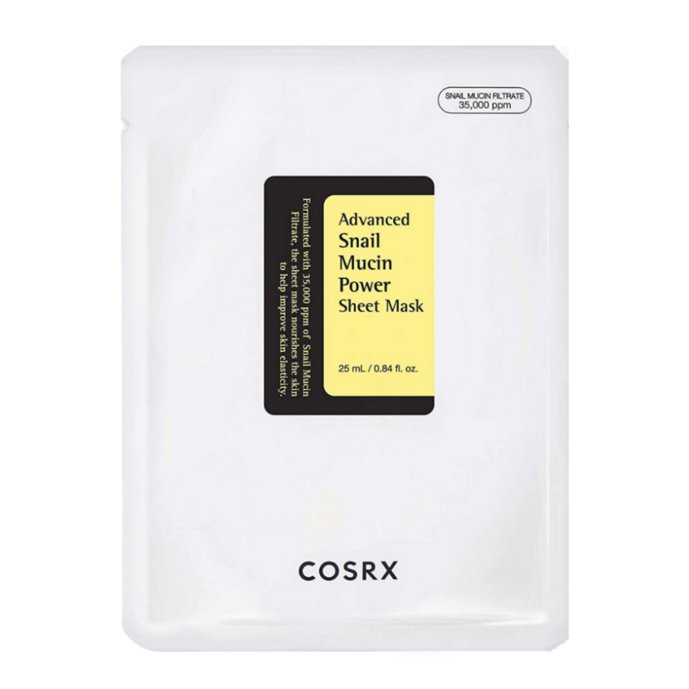 COSRX Advanced Snail Mucin Power Sheet Mask w białym opakowaniu z czarną i żółtą etykietą, wzbogacony o 35 000 ppm śluzu ślimaka dla nawilżenia, regeneracji i poprawy elastyczności skóry.