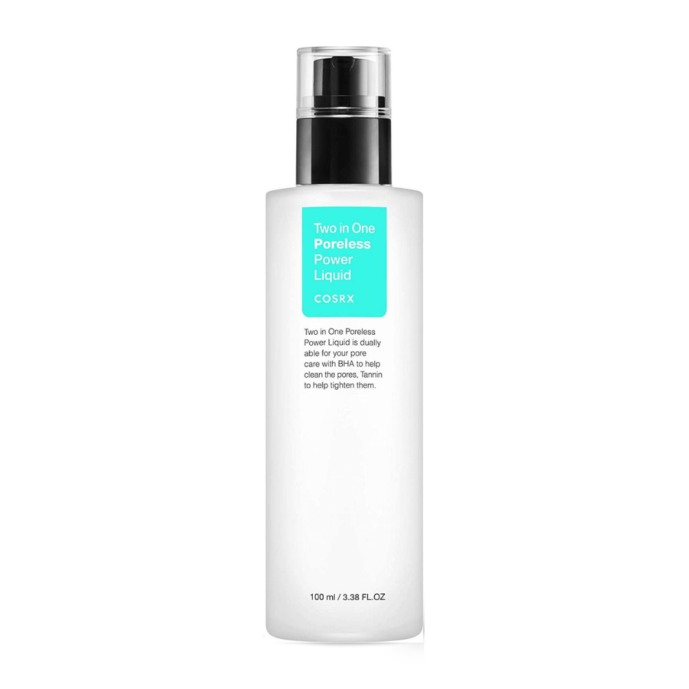 Butelka COSRX Two In One Poreless Power Liquid 100ml, zaprojektowana dla skóry tłustej, pokazana na białym tle.